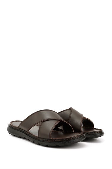 Mens Brown Cross-Strap Genuine Leather Slippers