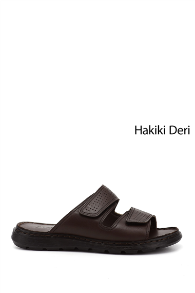 Mens Brown Double Velcro Genuine Leather Comfort Slippers