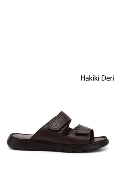 Erkek Kahverengi Çift Cırtlı Hakiki Deri Comfort Terlik