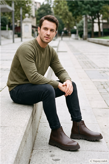 Mens Brown Zippered Genuine Leather Chelsea Boots
