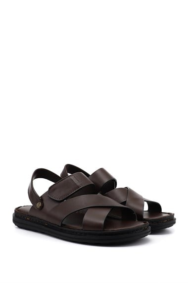 Erkek Kahverengi Hakiki Deri Comfort Sandalet