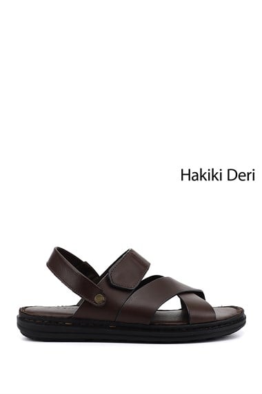 Erkek Kahverengi Hakiki Deri Comfort Sandalet