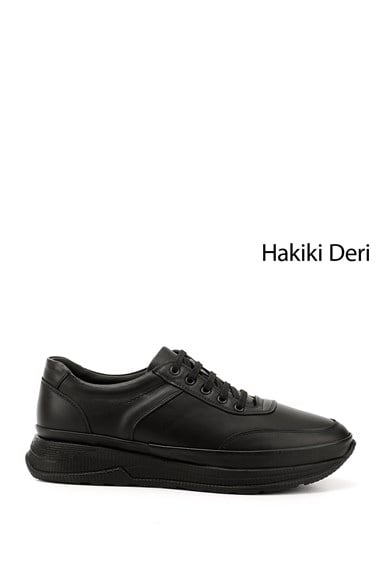 Mens Charcoal Lace-Up Genuine Leather Comfort Sneakers