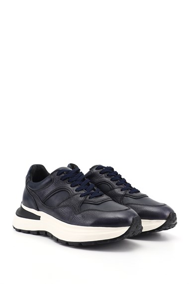 Erkek Lacivert Antik Bağcıklı Hakiki Deri Comfort Sneaker