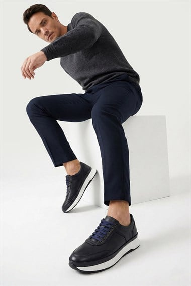 Mens Navy Blue Antique Laced Genuine Leather Comfort Sneaker