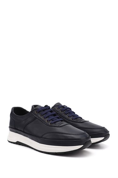 Erkek Lacivert Antik Bağcıklı Hakiki Deri Comfort Sneaker