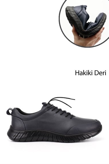 Erkek Lacivert Antik Bağcıklı Kauçuk Taban Hakiki Deri Sneaker