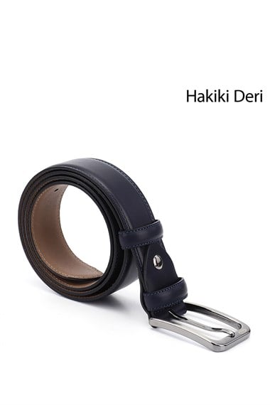 Erkek Lacivert Antik Hakiki Deri 3,5 Cm Klasik Kemer