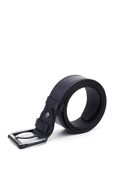 Erkek Lacivert Antik Hakiki Deri 4 Cm Dikişli Kot Kemeri