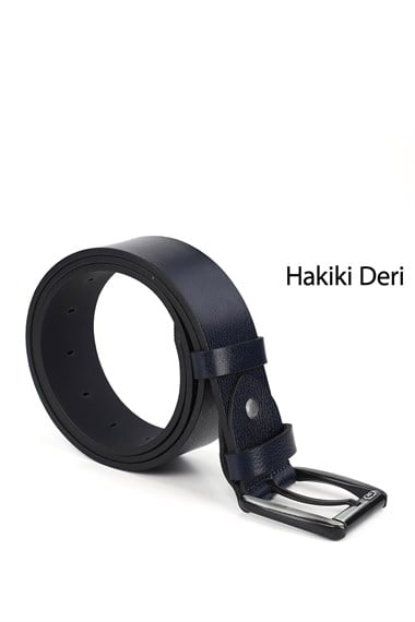 Erkek Lacivert Antik Hakiki Deri 4 Cm Kot Kemeri