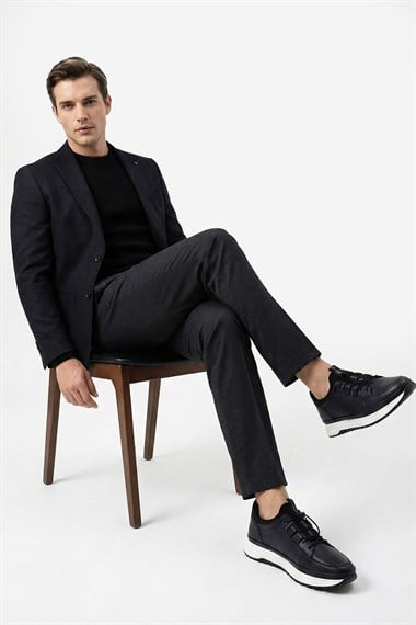 Erkek Lacivert Antik Likralı Lastik Bağcıklı Hakiki Deri Comfort Sneaker