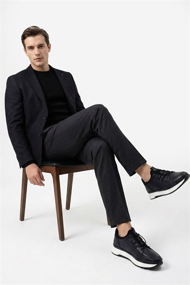 Erkek Lacivert Antik Likralı Lastik Bağcıklı Hakiki Deri Comfort Sneaker