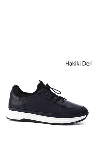 Mens Navy Blue Antique Lycra Laced Genuine Leather Comfort Sneakers