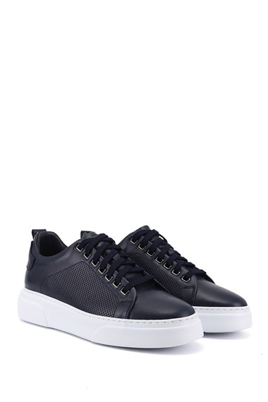 Erkek Lacivert Bağcıklı Hakiki Deri Sneaker