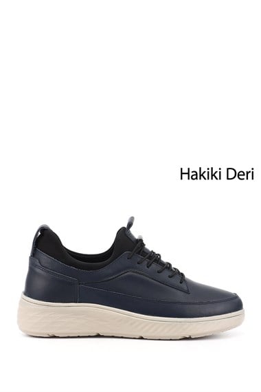Mens Navy Blue Lace-up Rubber Sole Genuine Leather Sneaker
