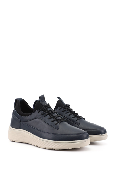 Erkek Lacivert Bağcıklı Hakiki Deri Sneaker