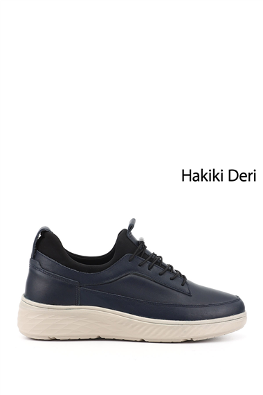 Erkek Lacivert Bağcıklı Hakiki Deri Sneaker