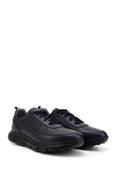 Erkek Lacivert Bağcıklı Hakiki Deri Sneaker