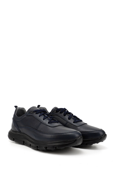 Erkek Lacivert Bağcıklı Hakiki Deri Sneaker