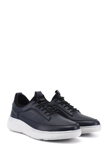 Erkek Lacivert Bağcıklı Hakiki Deri Sneaker