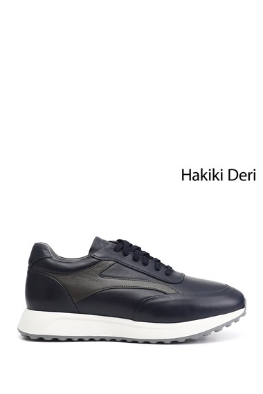 Erkek Lacivert Bağcıklı Hakiki Deri Sneaker