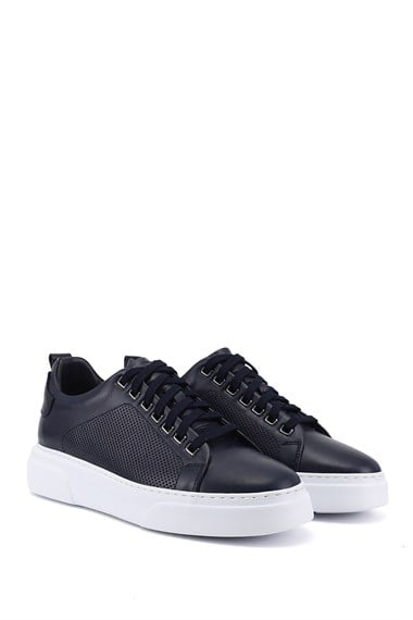 Erkek Lacivert Bağcıklı Hakiki Deri Sneaker