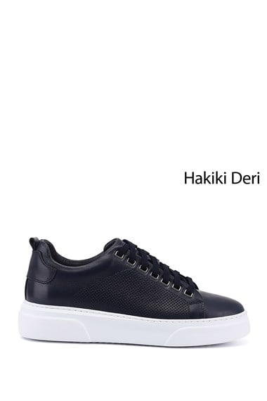 Erkek Lacivert Bağcıklı Hakiki Deri Sneaker