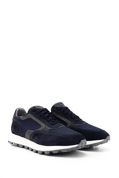Mens Navy Blue Lace-Up Genuine Leather Sneakers