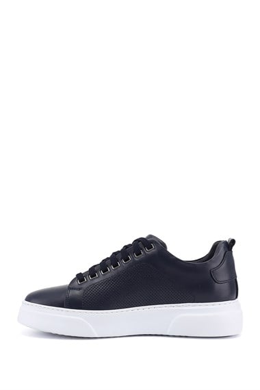 Erkek Lacivert Bağcıklı Hakiki Deri Sneaker