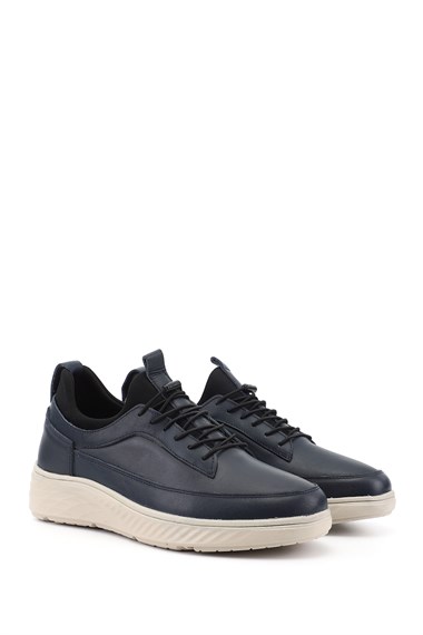 Mens Navy Blue Lace-up Rubber Sole Genuine Leather Sneaker