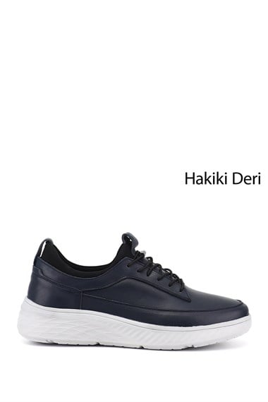 Erkek Lacivert Bağcıklı Hakiki Deri Sneaker