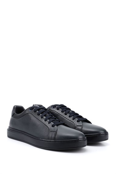Mens Navy Blue Lace-Up Rubber Sole Genuine Leather Sneakers