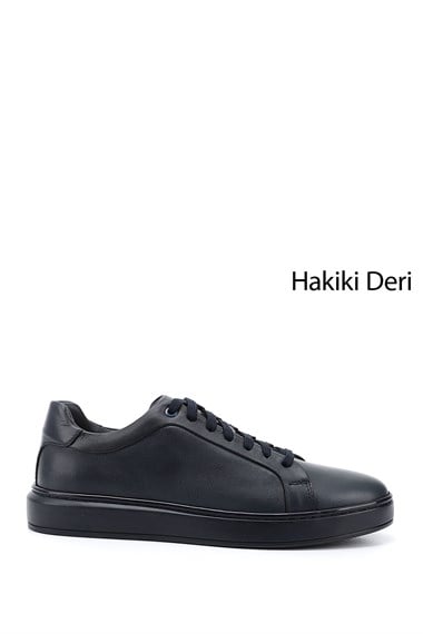 Erkek Lacivert Bağcıklı Kauçuk Taban Hakiki Deri Sneaker