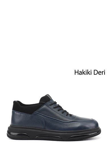 Erkek Lacivert Hakiki Deri Bağcıklı Ayakkabı