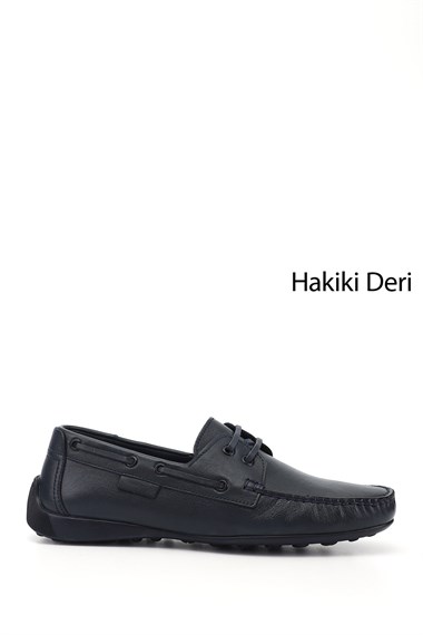 Erkek Lacivert Rok Hakiki Deri Bağcıklı Ayakkabı