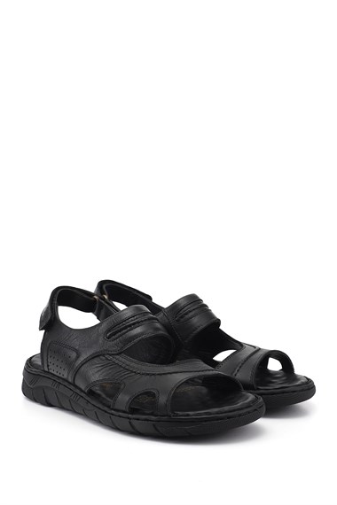 Erkek Siyah Hakiki Deri Comfort Sandalet