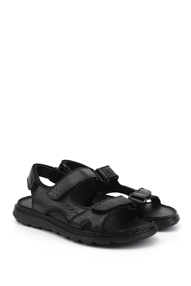 Mens Black Adjustable Velcro Strap Genuine Leather Sandals