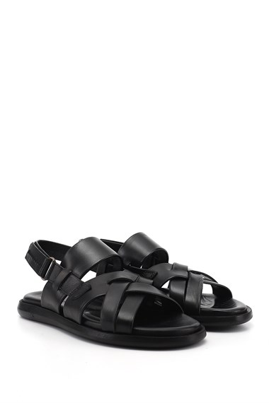 Erkek Siyah Hakiki Deri Comfort Sandalet