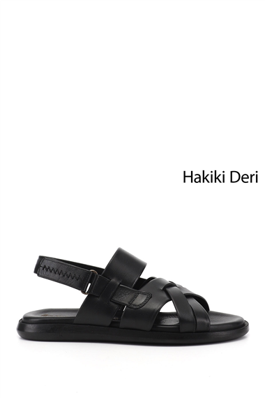 Mens Black Genuine Leather Comfort Sandals