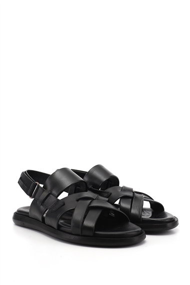 Mens Black Genuine Leather Comfort Sandals