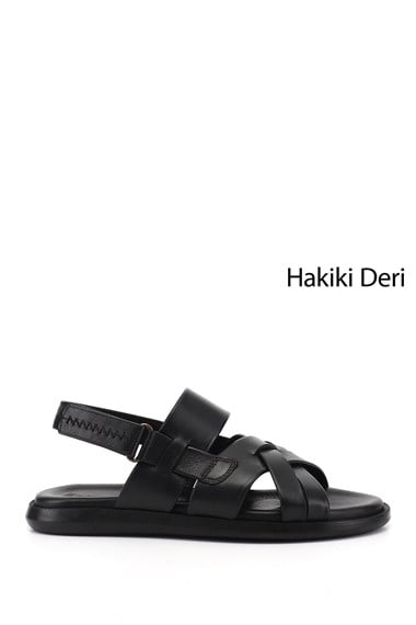 Erkek Siyah Ayarlanabilir Cırt Bantlı Hakiki Deri Sandalet