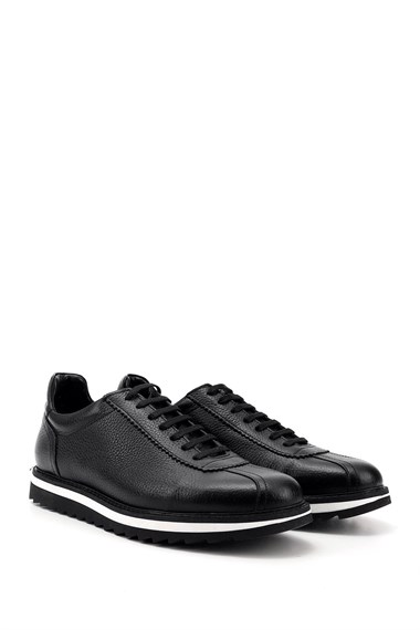 Mens Black Lace-Up Genuine Leather Comfort Sneaker