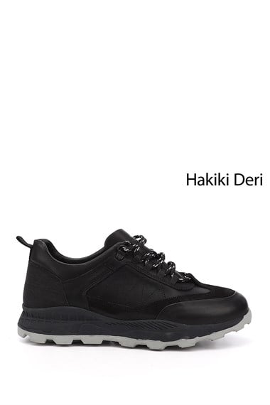 Mens Black Lace-Up Genuine Leather Comfort Sneaker