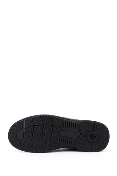 Mens Black Lace-Up Rubber Sole Genuine Leather Sneaker