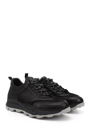 Mens Black Lace-Up Genuine Leather Comfort Sneaker