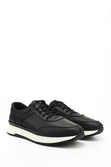 Mens Black Lace-Up Genuine Leather Comfort Sneaker