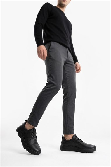 Erkek Siyah Bağcıklı Hakiki Deri Comfort Sneaker