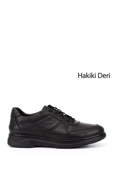 Mens Black Lace-Up Rubber Sole Genuine Leather Sneaker