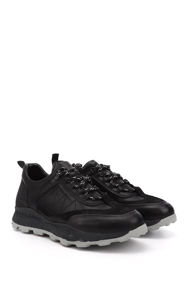 Mens Black Lace-Up Genuine Leather Comfort Sneaker