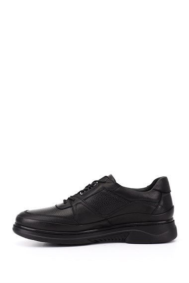 Mens Black Lace-Up Rubber Sole Genuine Leather Sneaker